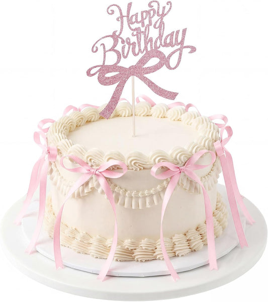 Skiennix Bow Cake Toppers - 18 PCS Pink Ribbon Bows with 1 Happy Birthday Topper | Perfect for Weddings & Showers