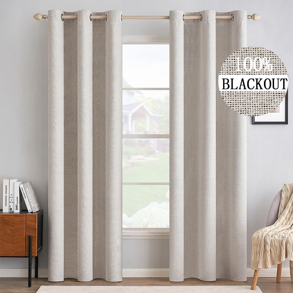MIULEE Blackout Linen Textured Curtains - Thermal Insulated Room Darkening Drapes, Ivory, 42 x 90 Inch (2 Panels)