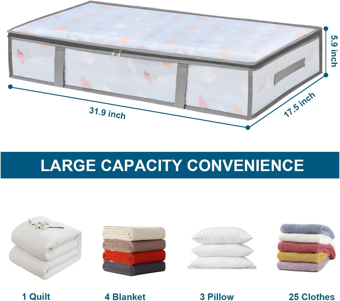 Skiennix Under Bed Storage Containers - Humid-Proof Plastic Bins with Handles | 4 Pack for Clothes & Blankets