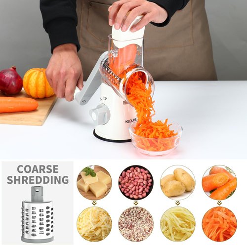 Cambom Rotary Cheese Grater - Hand Crank Shredder for Fresh Cheese, Vegetables & Nuts | Non-Slip Base, White