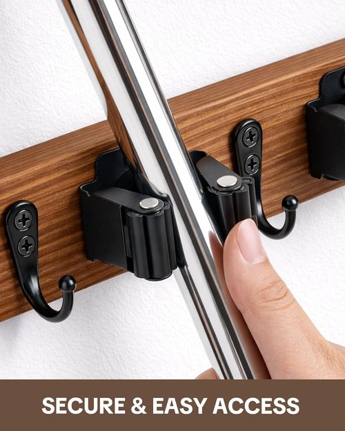 Lorbro Broom Holder Wall Mount - 2 Pack Wooden Mop Organizer with 4 Slots & Hooks | Ideal for Laundry Room, Garage, Kitchen