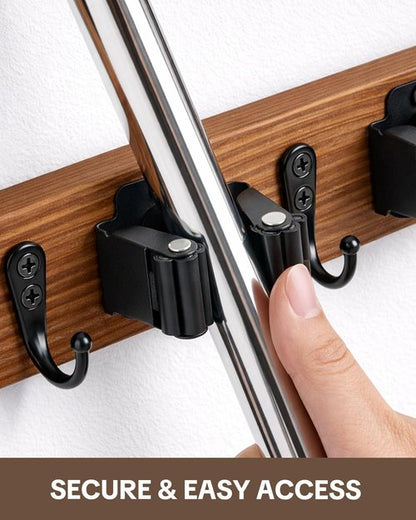 Lorbro Broom Holder Wall Mount - 2 Pack Wooden Mop Organizer with 4 Slots & Hooks | Ideal for Laundry Room, Garage, Kitchen