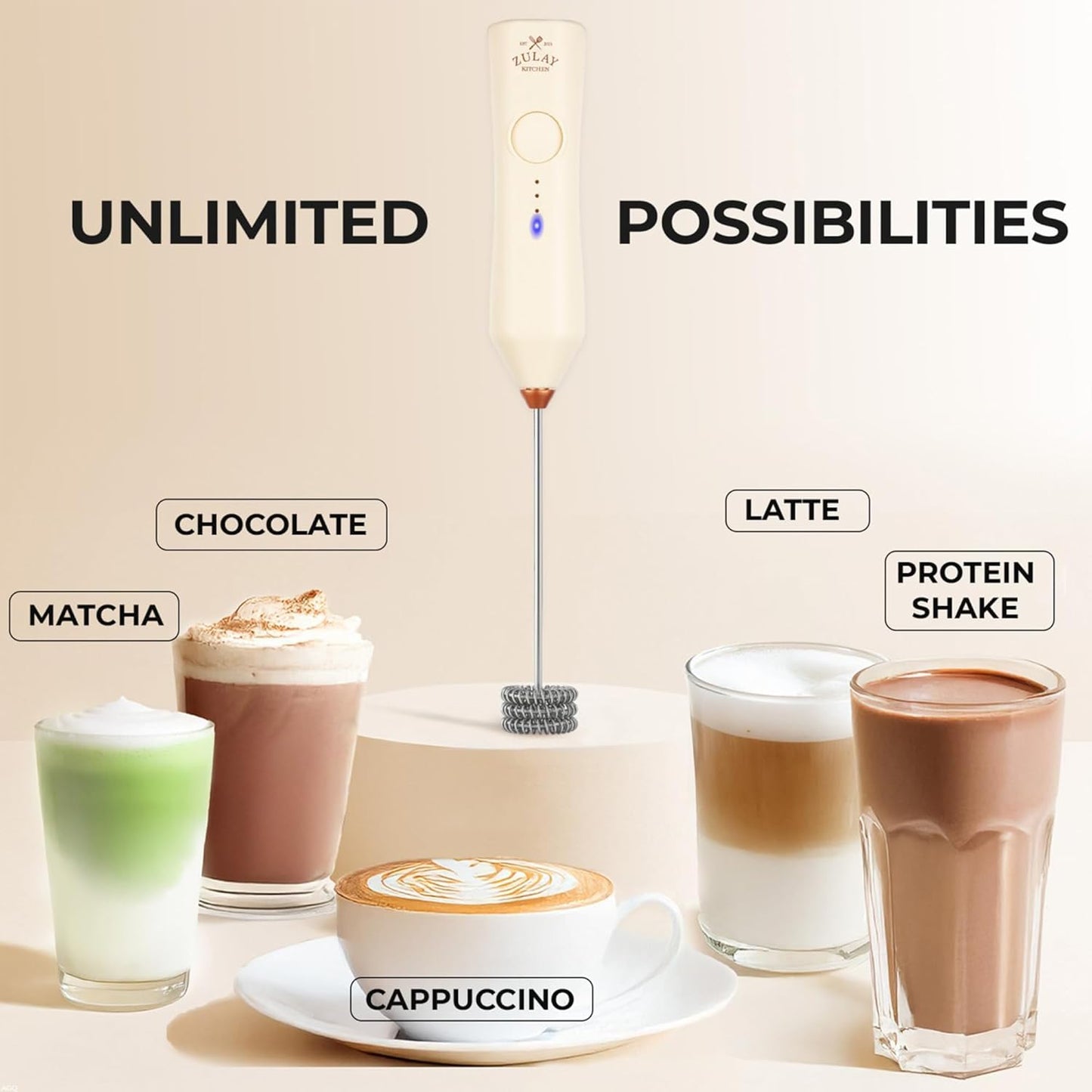 Zulay Kitchen Rechargeable Milk Frother - Dynamic - 3 Speeds, 3 Whisk Attachments, 500 mAh USB Charging, Drink Mixer For Latte, Cappuccino, Matcha, Protein Powder, Coffee Foam - Cream Copper