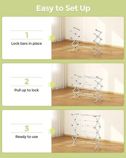 APEXCHASER 3-Tier Metal Drying Rack - Collapsible & Expandable Laundry Airer for Indoor/Outdoor Use | White