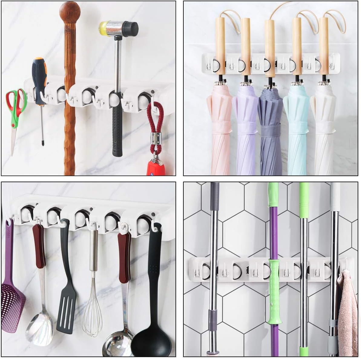 Tangkula Wall Mount Broom Holder - 5 Slot Organizer with 6 Hooks for Home, Garage & Kitchen (White)