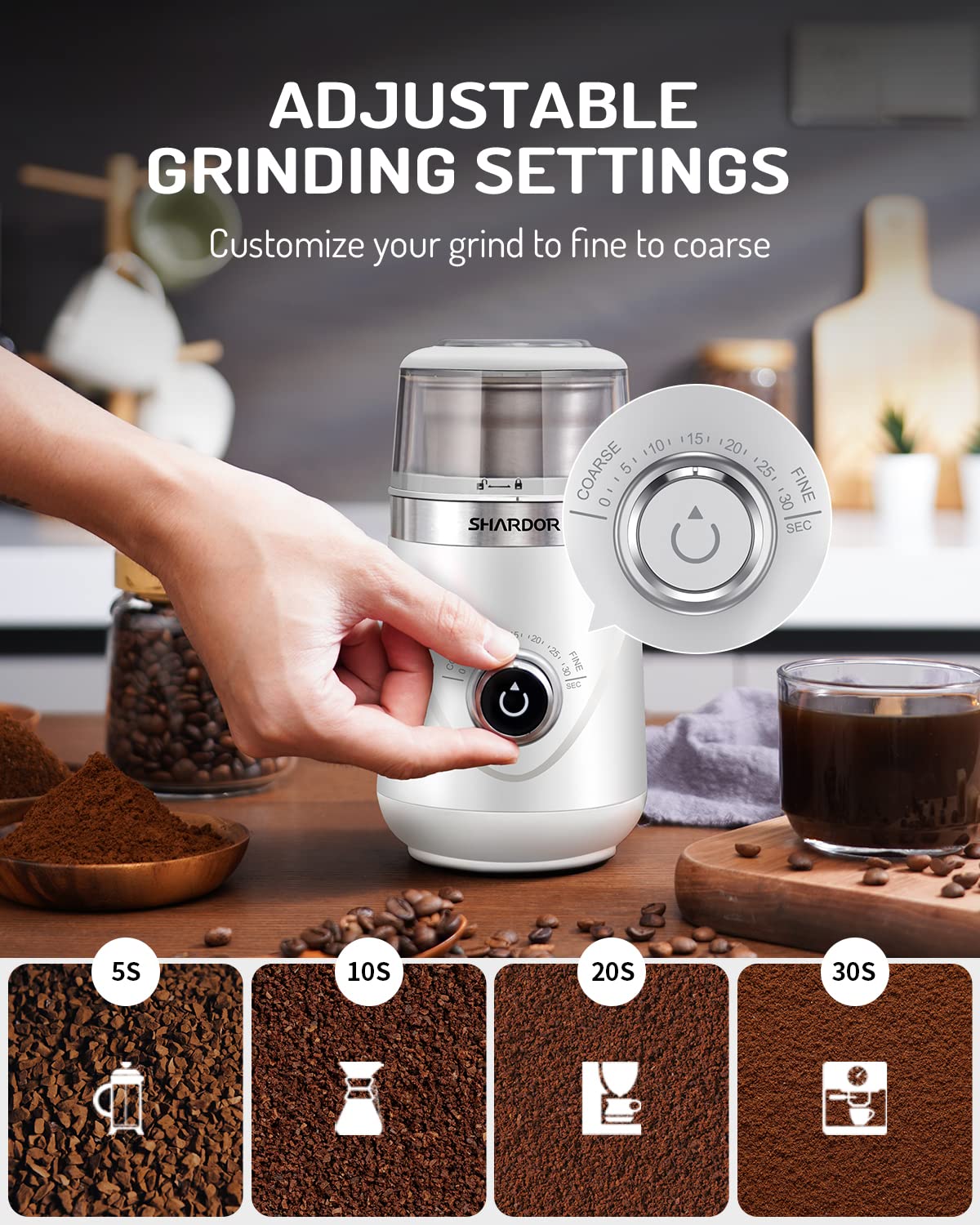 SHARDOR Adjustable Coffee Grinder Electric, Herb, Spice, Coffee Bean, Espresso with 2 Removable Stainless Steel Wet and Dry Bowl, White, Upgraded 2.0