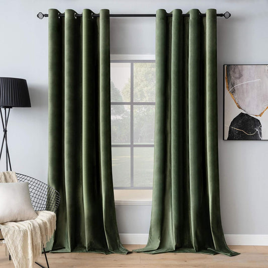MIULEE Velvet Curtains - Olive Green Thermal Insulated Grommet Drapes | Soundproof Room Darkening, 52 x 84 Inch Set of 2