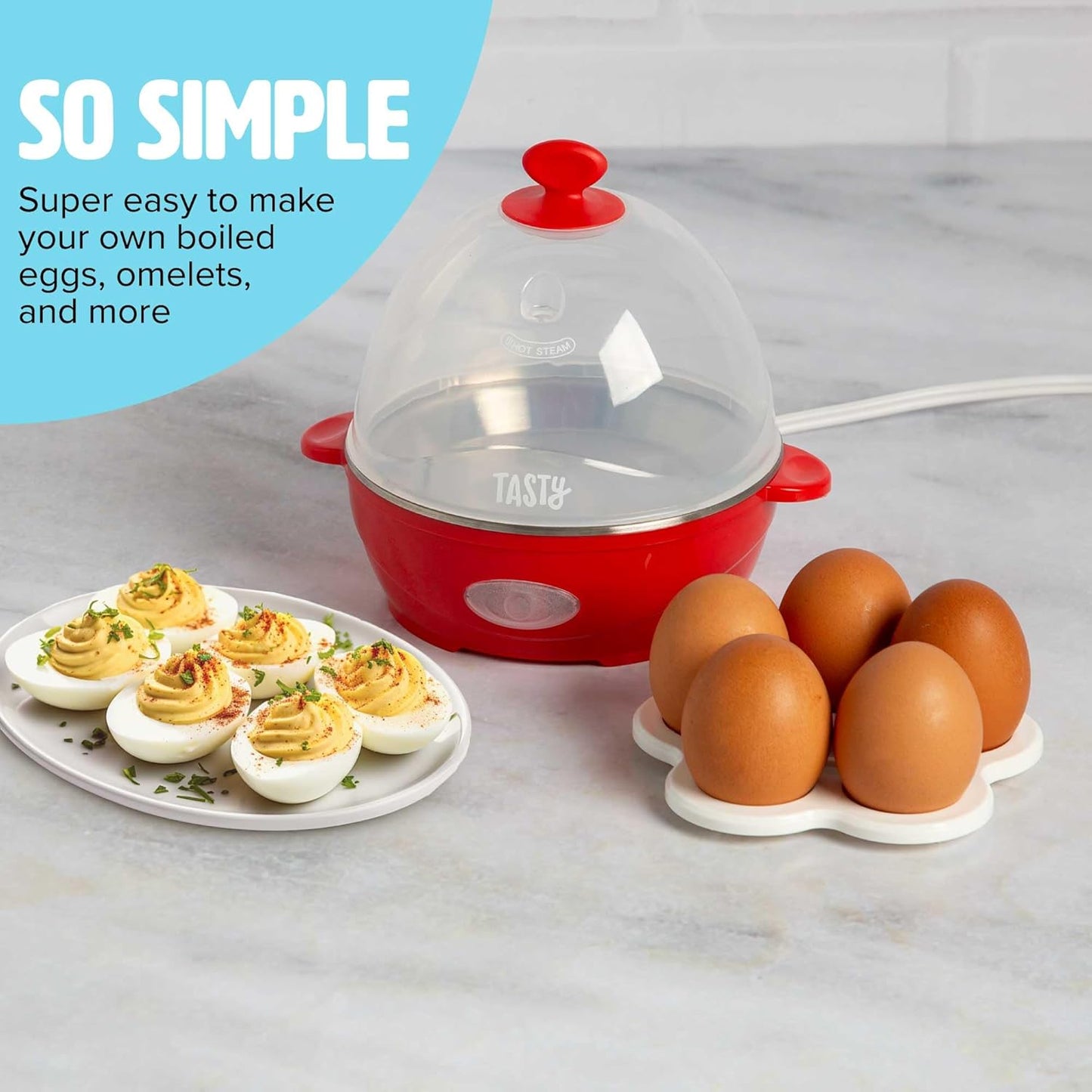 Tasty Mini Egg Cooker - 5-Egg Capacity for Perfect Hard Boiled Eggs & Omelets | Auto Shut Off, Red