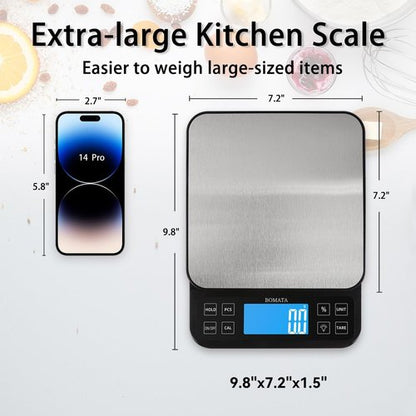 BOMATA Large Kitchen Scale - High Precision 0.1g/0.001oz | USB Rechargeable, Stainless Steel, 5kg/11lb Capacity