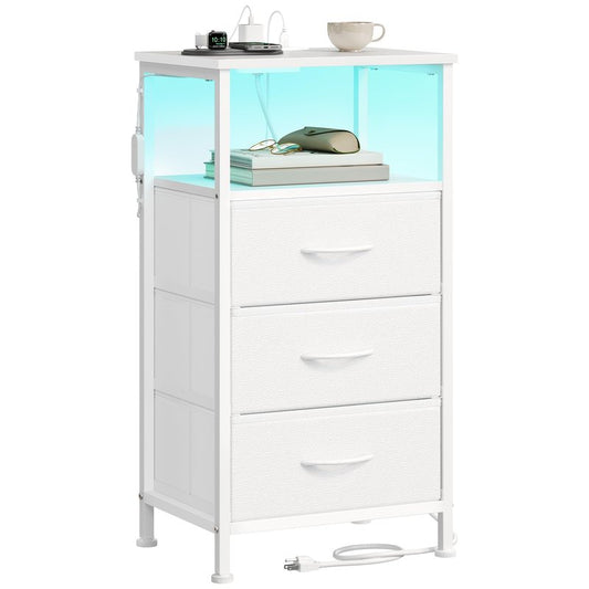 SONGMICS BELLAH Collection - Nightstand with Charging Station and App-Controlled Adjustable LED Lights, Bed Side Table, 3 Drawer and 1 Open Shelf, Bedroom, Cloud White and Snow White ULGS303WH01S