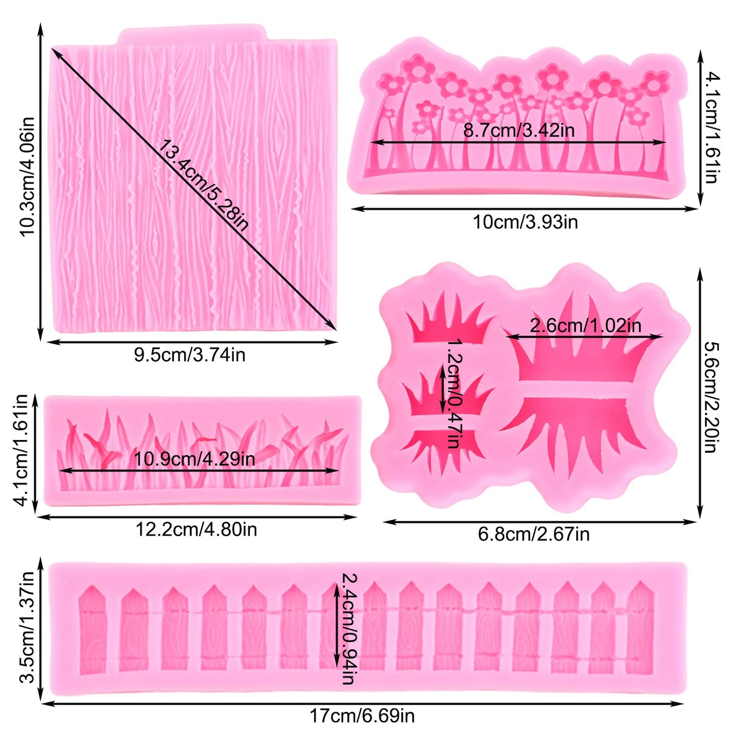 MYPRACS Garden Picket Fence Silicone Mold Green Grass Flower Fondant Mold Wood Grain Tree Bark Candy Mold For Cake Border Cake Decorating Chocolate Gum Paste Polymer Clay Set Of 5