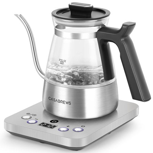 CASABREWS KEG5831 Gooseneck Electric Kettle, Stainless Steel Glass with Temperature Control & Reservation Time Function, Pour Over Kettle for Coffee & Tea, Fast Boiling, Auto Shut-Off, 1200W/0.8L