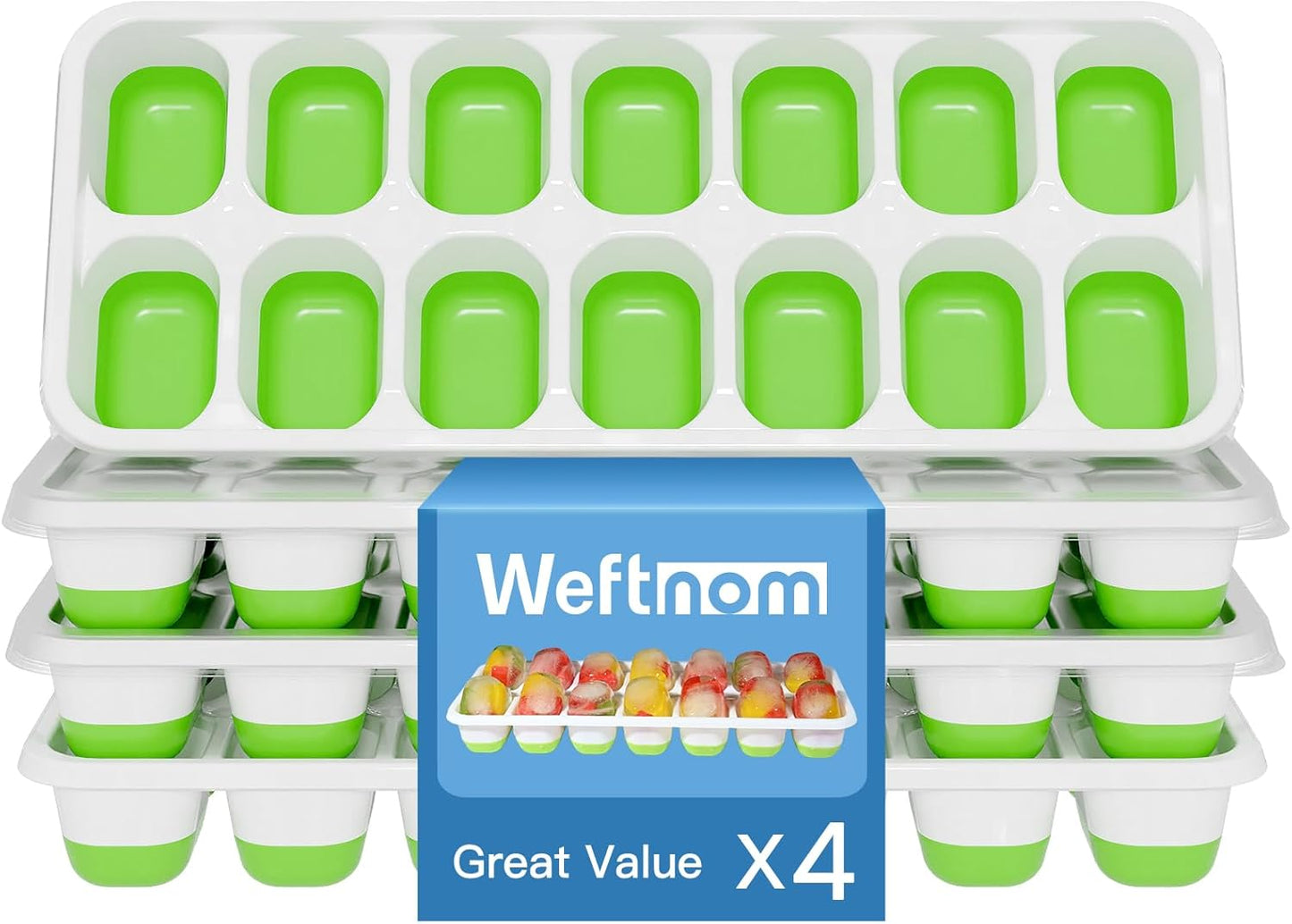 Skiennix Silicone Ice Cube Tray - Easy-Release Stackable Design, BPA-Free, 4 Pack with Lids (56 Cubes)