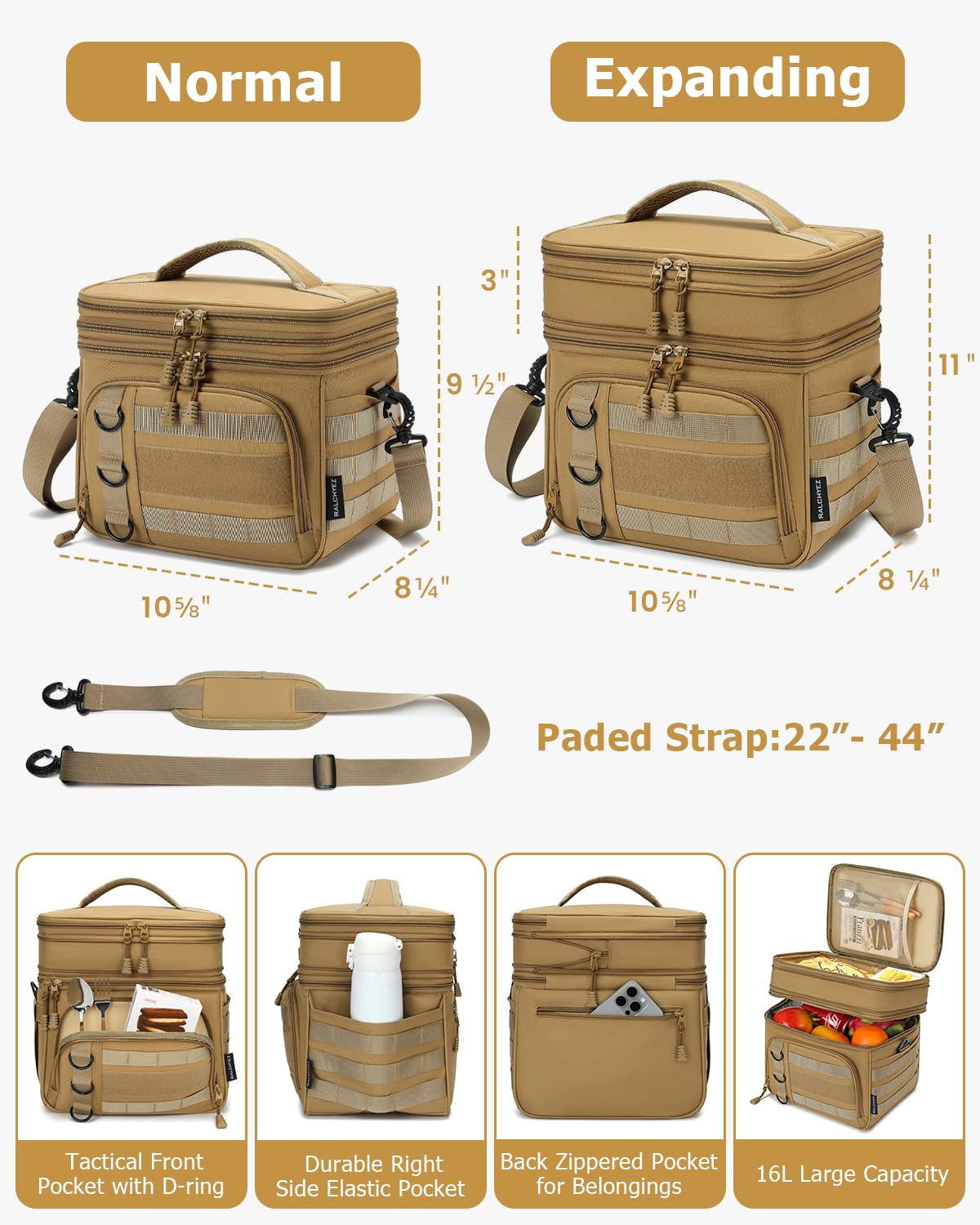 RalChyez Tactical Lunch Box for Men, Large Insulated Lunch Bag Expandable Double Deck Cooler Leakproof Waterproof Lunch Pail for Adult Women Work Office Shifts Picnic Travel Khaki