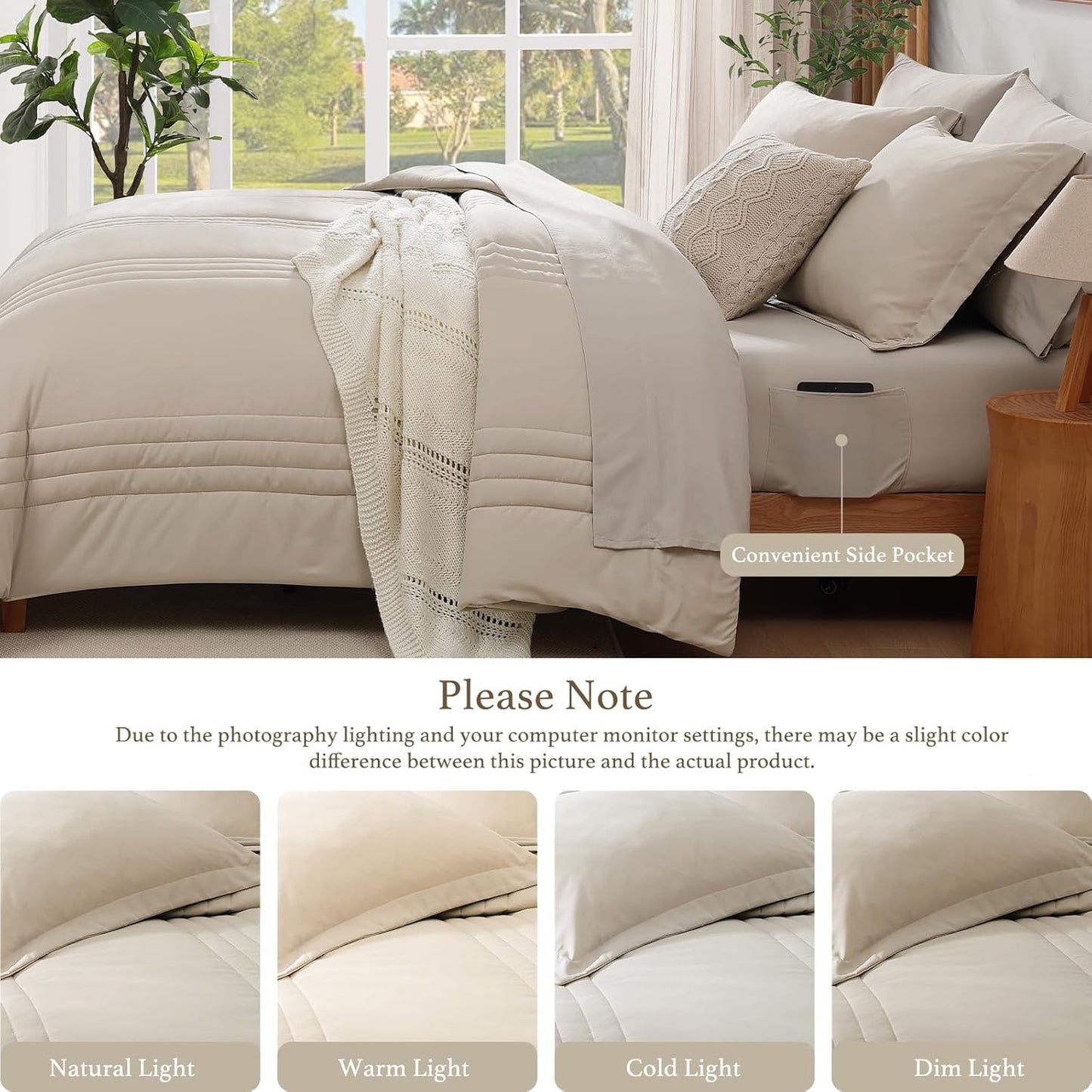 Monbix Queen Comforter Set - 7-Piece Beige Bedding Set | All-Season Comforter, Sheets & Pillowcases
