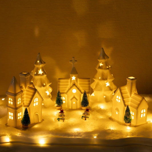 Skiennix Christmas Village Set - 11 Pcs Ceramic Decoration with 3 Lighted Houses & 2 Trees | Festive Tabletop Decor