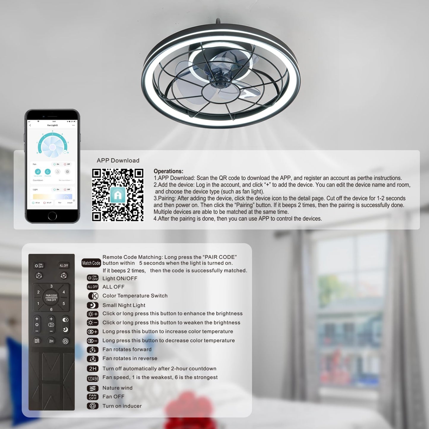 Liibodi Enclosed Ceiling Fans with Lights, Flush Mount Modern Ceiling Fan and Remote Control,18.89 In Fandelier Ceiling Fan with Light,3000K-6500K Dimmable LED Fan Light,Black Ceiling Fans with Lights