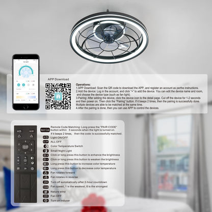 Liibodi Enclosed Ceiling Fans with Lights, Flush Mount Modern Ceiling Fan and Remote Control,18.89 In Fandelier Ceiling Fan with Light,3000K-6500K Dimmable LED Fan Light,Black Ceiling Fans with Lights