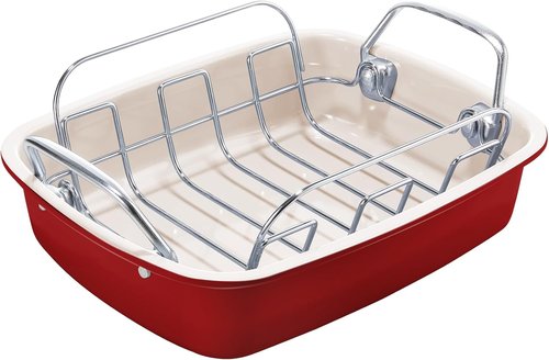 KITESSENSU Nonstick Turkey Roasting Pan - Heavy Duty 17 x 14 Inch Chicken Roaster with Rack & Wider Handles - Ideal for 24lb Turkey, Red