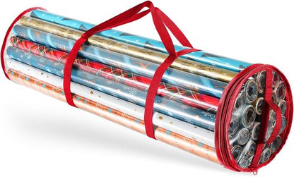 Hearth & Harbor Wrapping Paper Storage Container - Tear-Proof Organizer for 14 Rolls - Clear & Red Design
