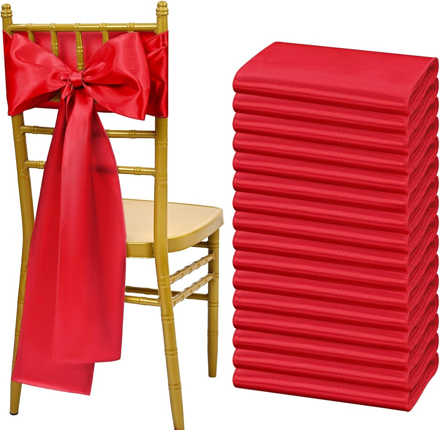 Showgeous 60 PCS Red Satin Chair Sashes - Elegant Bows for Wedding & Party Decor | 7 x 108 Inch