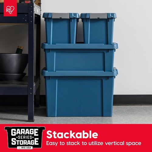 IRIS USA 20 Gallon Eco-Friendly Lockable Storage Bins - Heavy Duty, Stackable Containers, Navy | 4 Pack