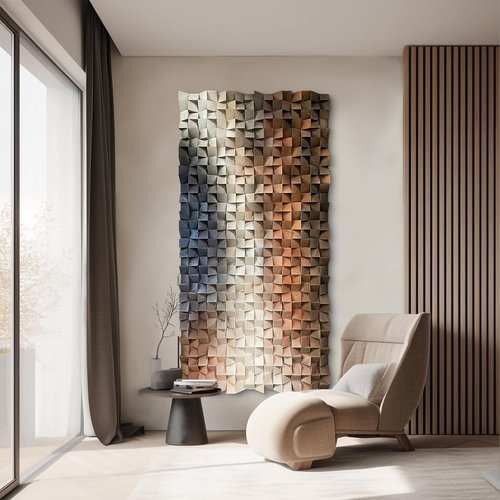 LIUZEYUE 3D Wall Art - Modern Abstract Solid Wood Mosaic Panel in Blue, White & Orange | 23.6x47.2 Inches