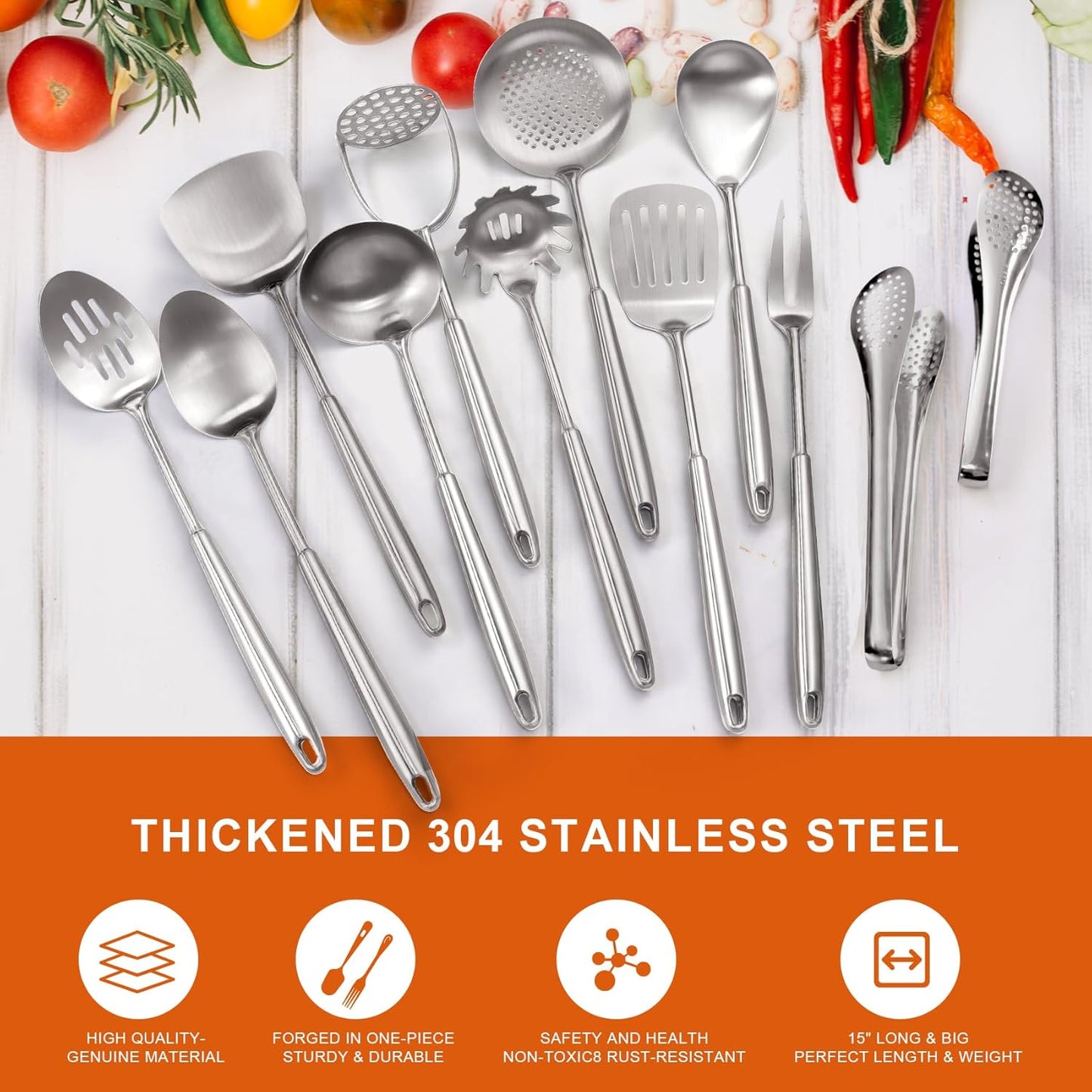 Skiennix Stainless Steel Kitchen Utensils Set - 12 PCS Durable Cooking Tools in Sleek Design