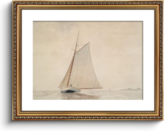 VIYYIEA Gold Framed Canvas Wall Art - Vintage Sailboat Seascape Watercolor Print | 16x20in Coastal Decor