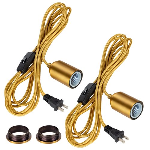 Hanging Lights with Plug in Pendant Light Cord kit Fixture Bulb Socket Golden Extension Lantern Fabric lamp Cord Switch Replacement Shade Industrial Porcelain Bulb Holder DIY Lighting 15ft 2 Set