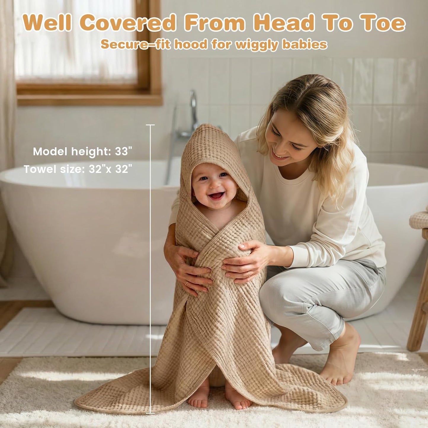 Skiennix Hooded Baby Bath Towels - Soft 100% Muslin Cotton, 6-Layer Absorbent, 32x32 Inch, Unisex 2 Pack