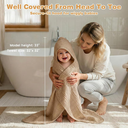 Skiennix Hooded Baby Bath Towels - Soft 100% Muslin Cotton, 6-Layer Absorbent, 32x32 Inch, Unisex 2 Pack