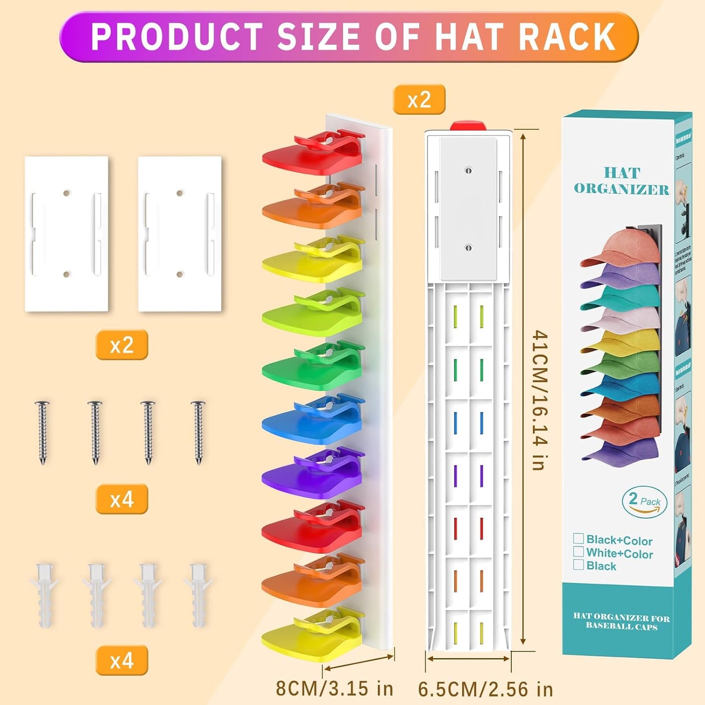 Volnamal Hat Organizer - 2 Pack Baseball Cap Rack Holds Up to 40 Hats | Space-Saving Wall Hanger (White & Color)
