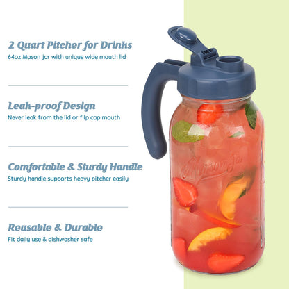 Soligt Glass Mason Jar Pitcher with Lid, Wide Mouth Flip Cap Pour Spout Leak-proof Lid with Handle, 64 oz (2 Quart / 1.9 Liter), for Sun Tea/Iced Tea/Juice/Cold Brew Coffee/Milk
