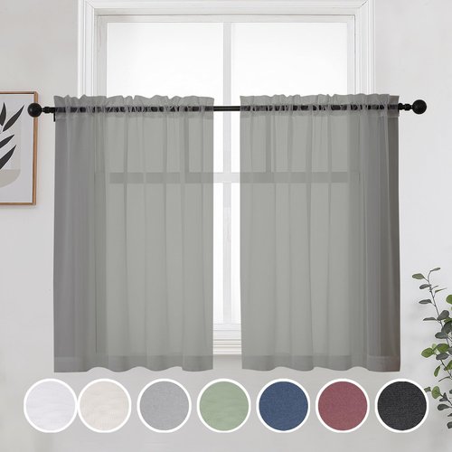 OWENIE Short Sheer Curtains 30 Inches 2 Panels Set, Kitchen Tiers Light Filtering Rod Pocket Cafe Curtains for Bathroom Small Half Window, 42 in W x 30 in L, Grey