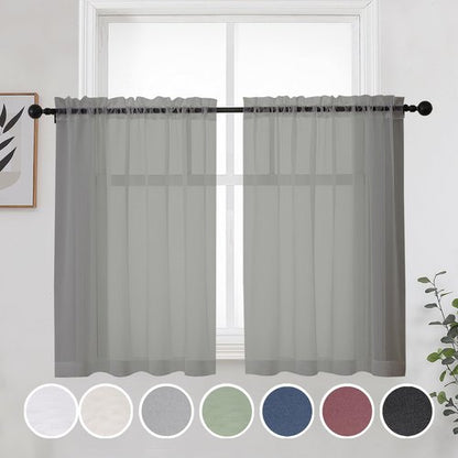 OWENIE Short Sheer Curtains 30 Inches 2 Panels Set, Kitchen Tiers Light Filtering Rod Pocket Cafe Curtains for Bathroom Small Half Window, 42 in W x 30 in L, Grey