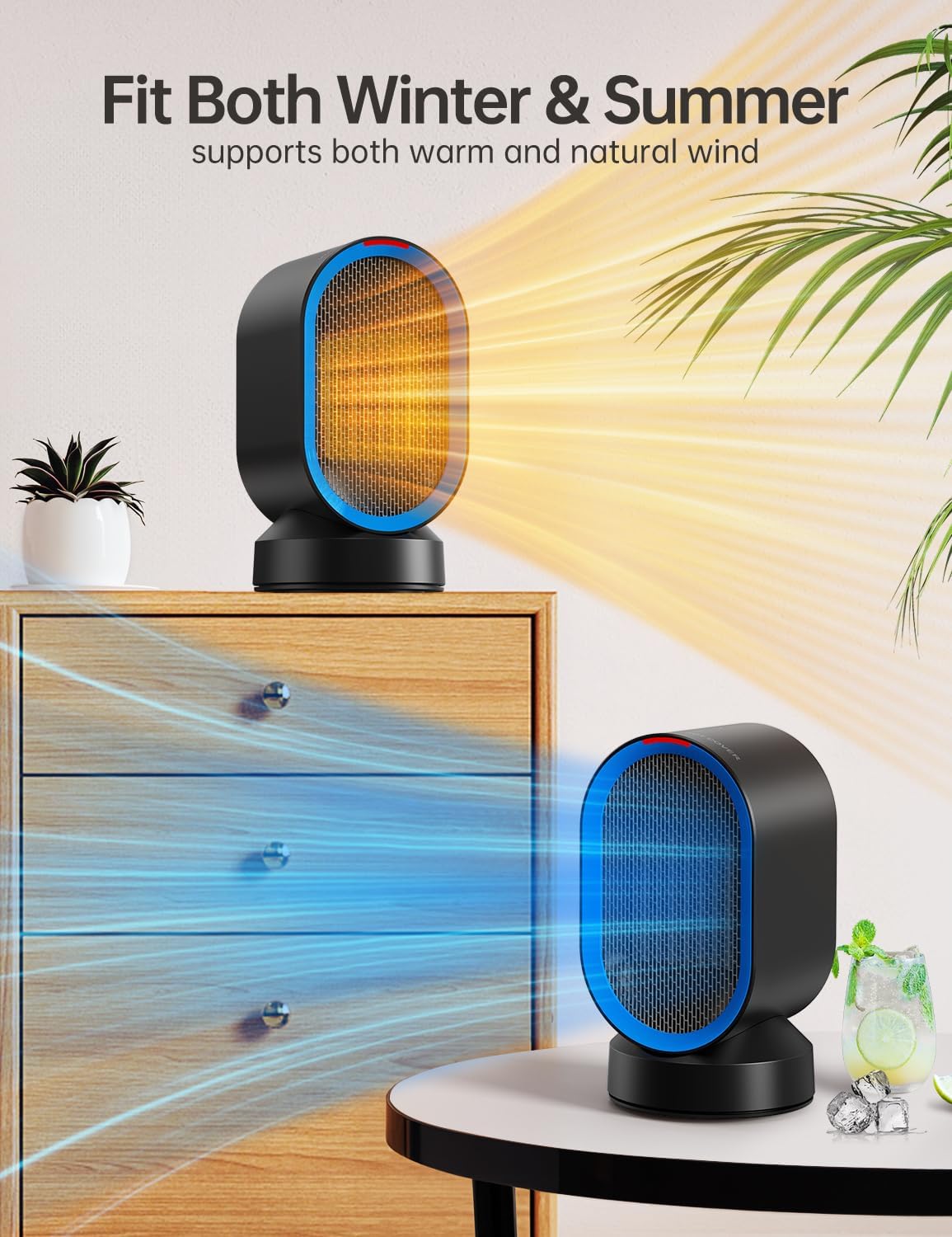 TABYIK Electric Space Heater - Portable 45° Oscillating Indoor Heater for Home & Office | Black