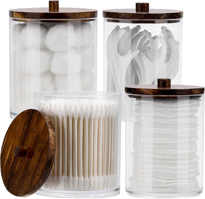 Tbestmax Qtip Holder Dispenser - 4 Pack Clear Plastic Apothecary Jars with Brown Wood Lids | 12oz & 10oz Storage