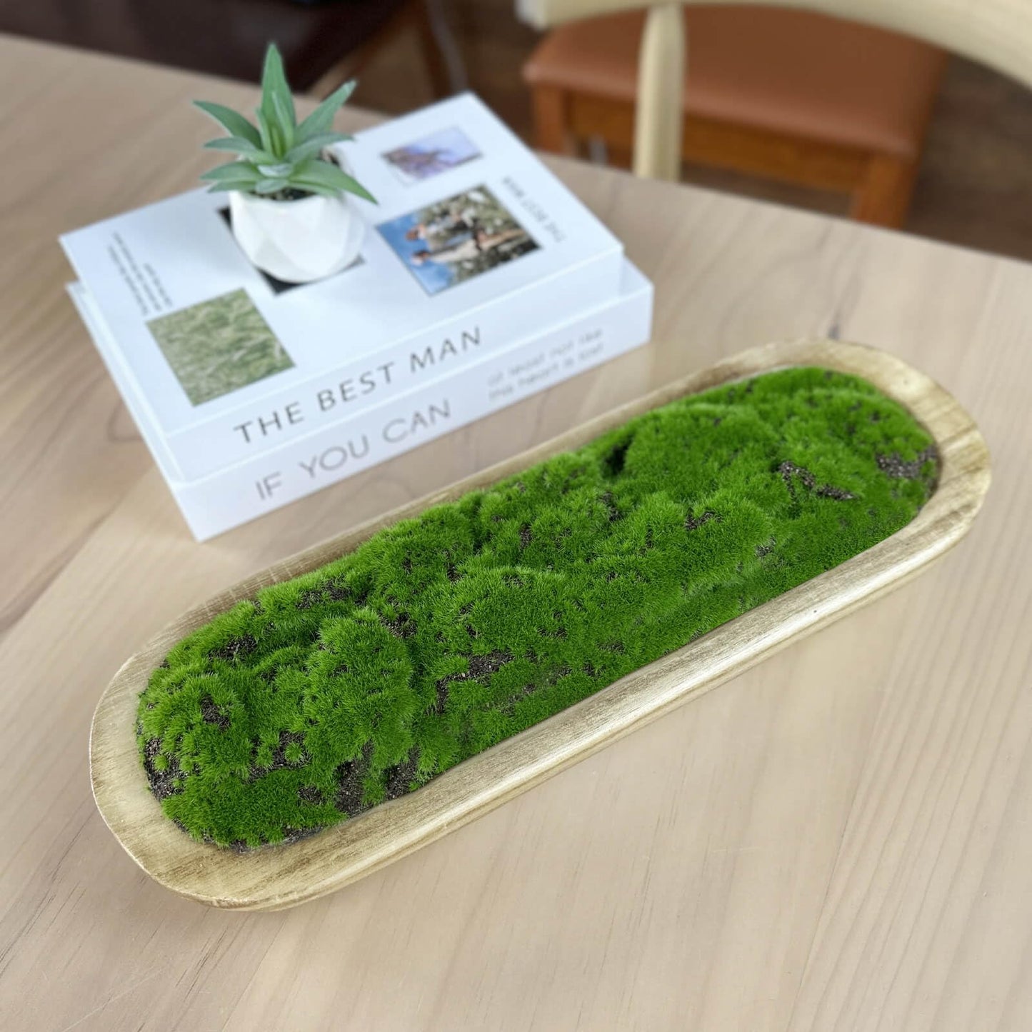 NAHARO Moss Wood Bowl,Natural Oblong Decorative Dough Bowl, Artificial Moss Bowl Centerpiece for Wedding Table Centerpiece, Home Decoration, Living Room, Office, No Maintenance