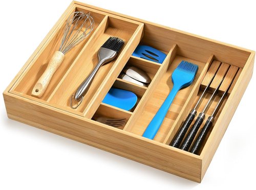 HULISEN Bamboo Utensil Drawer Organizer - 2-Tier Silverware Holder with Sliding Top & Removable Knife Slot - Deep 8-Slot Design