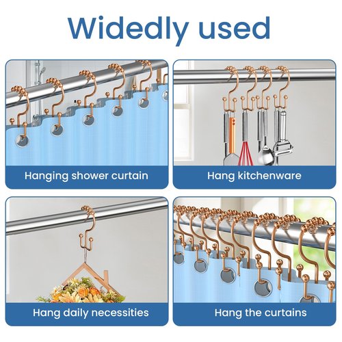 LBYOJKD Double Sided Shower Curtain Hooks with Smooth Gliding Roller Balls, Rustproof Metal Hooks for Curtain and Liner, Set of 12 for Standard and Curved Shower Rods - Rose Gold
