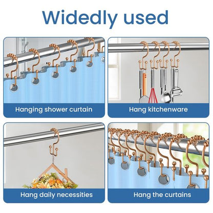 LBYOJKD Double Sided Shower Curtain Hooks with Smooth Gliding Roller Balls, Rustproof Metal Hooks for Curtain and Liner, Set of 12 for Standard and Curved Shower Rods - Rose Gold