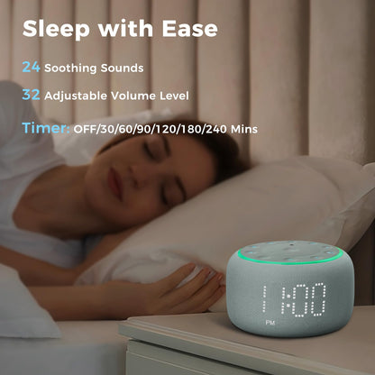 White Noise Machine Alarm Clock for Bedrooms - 5W Stereo Bluetooth Speaker - 24 Soothing Sounds - 9 Night Lights - Auto-Dimmable Digital Alarm Clock Sound Machine for Sleeping