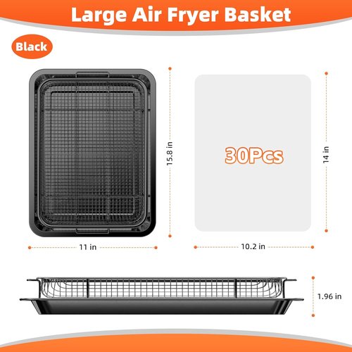 DEGOVIN Air Fryer Pans - Non-Stick Stainless Steel Crisper Tray with Cooking Guide & 30 Parchment Papers | 15.8" x 11" - Black