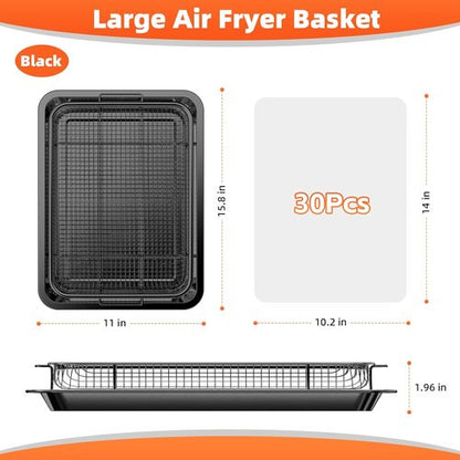 DEGOVIN Air Fryer Pans - Non-Stick Stainless Steel Crisper Tray with Cooking Guide & 30 Parchment Papers | 15.8" x 11" - Black