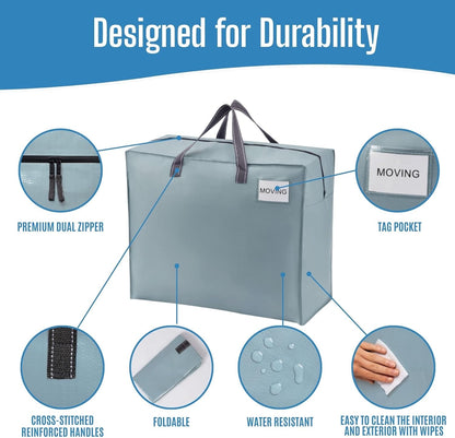 VENO Heavy Duty Moving Bags - 22 Gallon Storage Totes for Camping, Clothes & Bedding | 4 Pack Light Blue