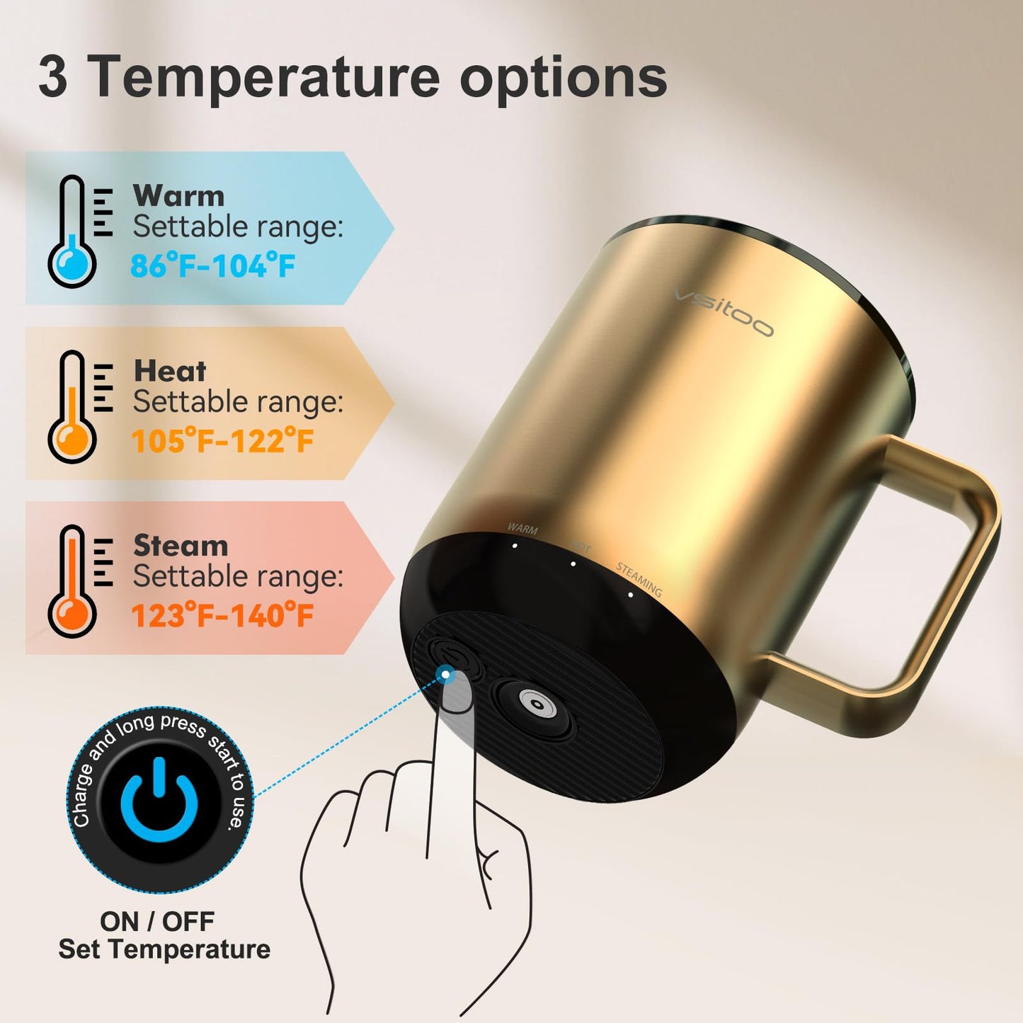 vsitoo S3PLUS 14oz Heated Coffee Mug with Lid, APP & Manual Controlled Self Heating Mug, Temperature Control Smart Mug with 90 Min Battery Life, Glod