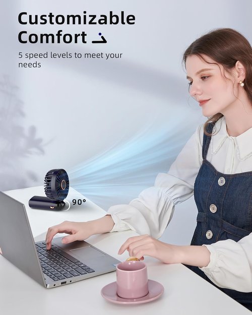 Koonie Portable Handheld Fan - Rechargeable Mini Fan with Digital Display & 5 Speeds | 8-Hour Battery Life, 90° Adjustable