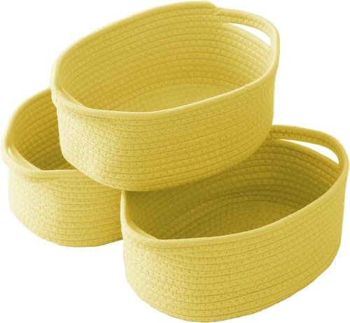 JMvicyroam Woven Storage Baskets - Small Rope Bins with Handles for Organizing Shelves | Yellow, 3-Pack