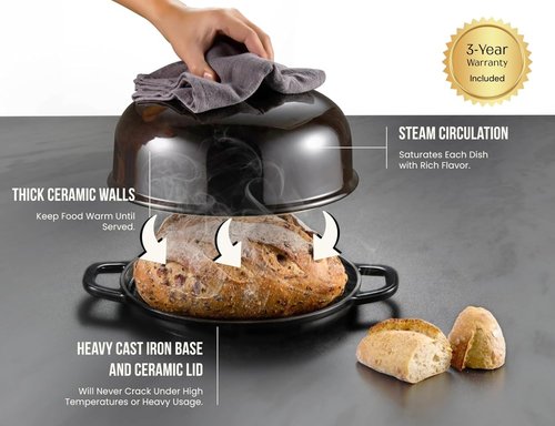 Kook Enameled Cast Iron Bread Oven - Versatile Baking Pan with Ceramic Lid & Handles | Black
